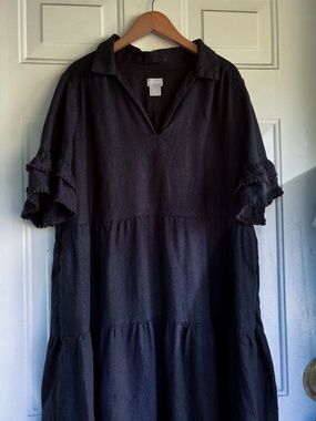 Chico's Women's Black 100% Linen Tiered Maxi Dress Size 1 US 8/10 Medium